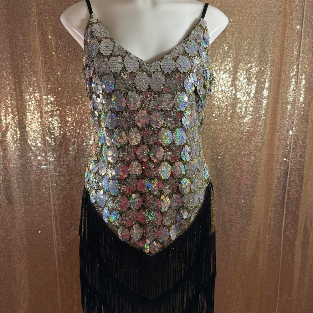 1920s Flapper Style Iridescent Sequin Black Fringe Dress Silver Party/Size S-M